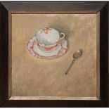 Bernal, Alison (geb. 1955 in England) "Stilleben mit Teetasse und Löffel", Öl/Lw.aufHartfaser