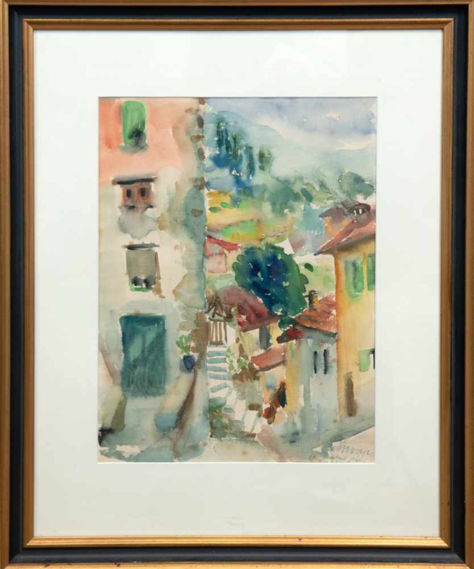 "San Remo", Aquarell/Papier, undeutl. sign. u.r. und dat. April 1961, 47x34 cm, imPassepartout - Bild 3 aus 4