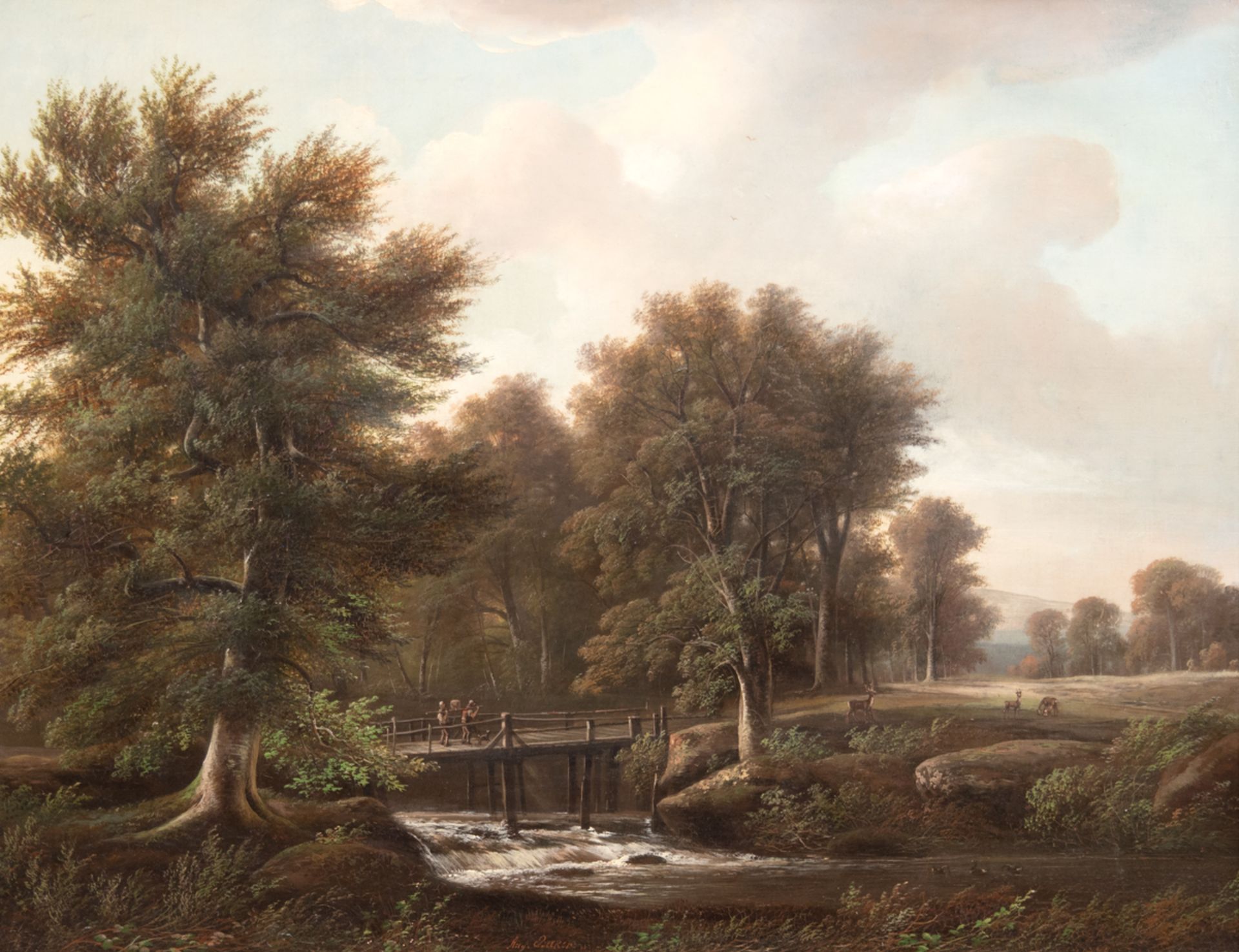 Becker, August (1822 Darmstadt- 1887 Düsseldorf) "Parklandschaft mit kleinem Wehr,Personen auf