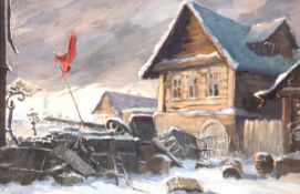 Russischer Maler 60er Jahre "Gehöft im Winter", Aquarell, unsign., 45x63 cm, hinter Glasim