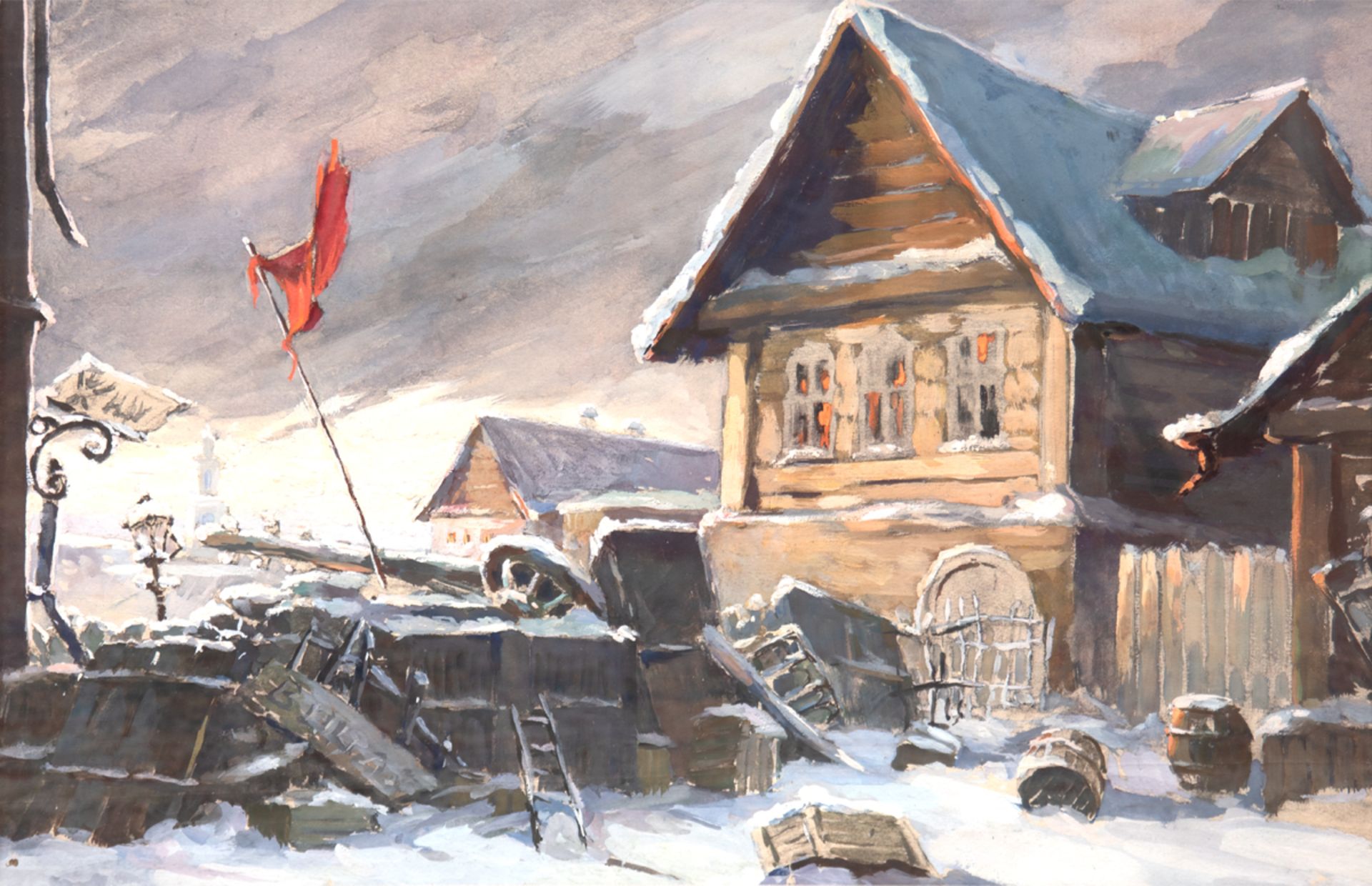 Russischer Maler 60er Jahre "Gehöft im Winter", Aquarell, unsign., 45x63 cm, hinter Glasim