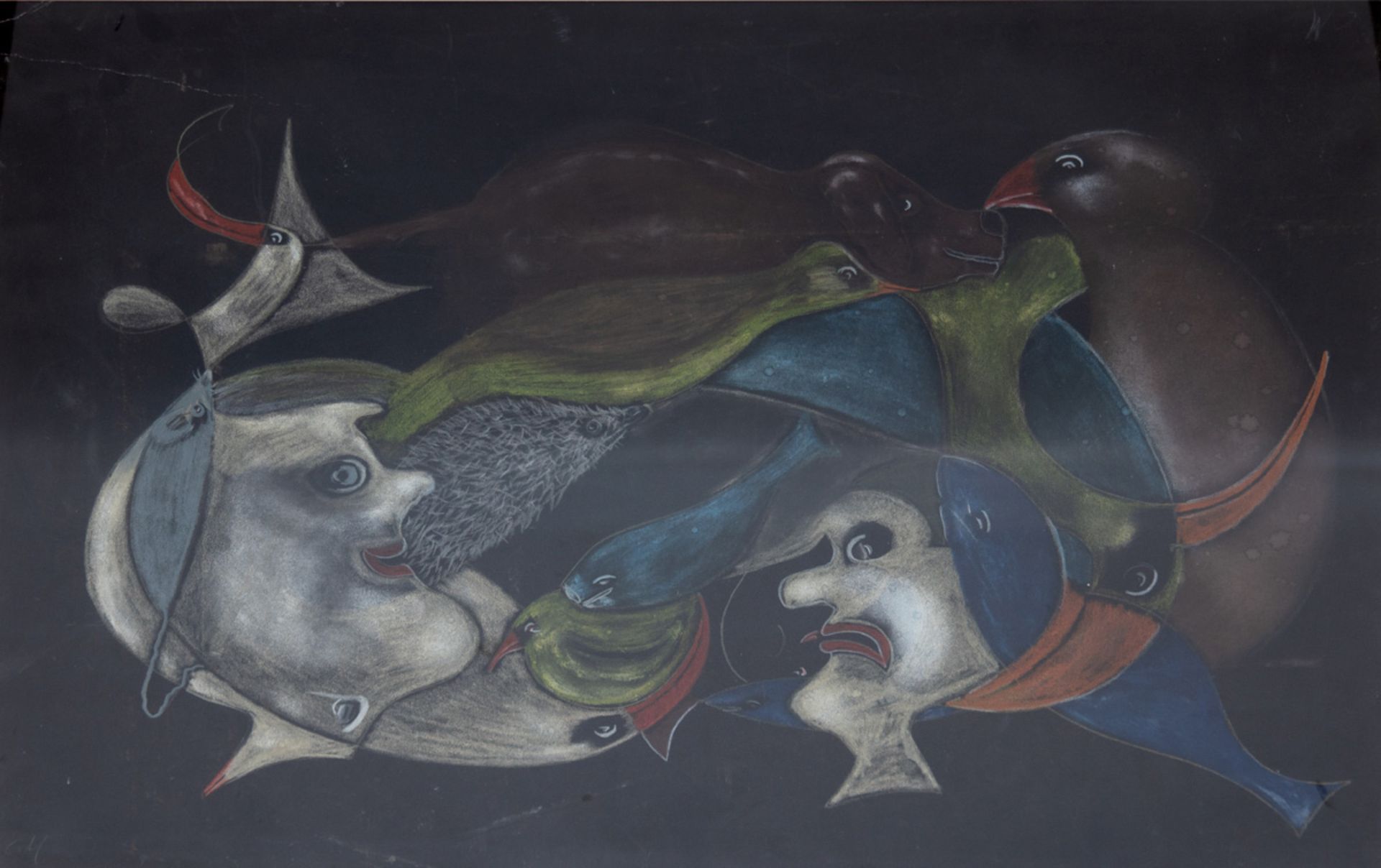 Hoerth, Christa "Suchbild mit Tieren", Fettkreidezeichnung, rücks. bez., 46x64 cm, l.o.kleine