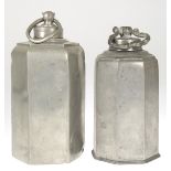 2 Zinn-Schraubflaschen, 19. Jh., 6-eckiger bzw. 8-eckiger Korpus, mit beweglichem Ring