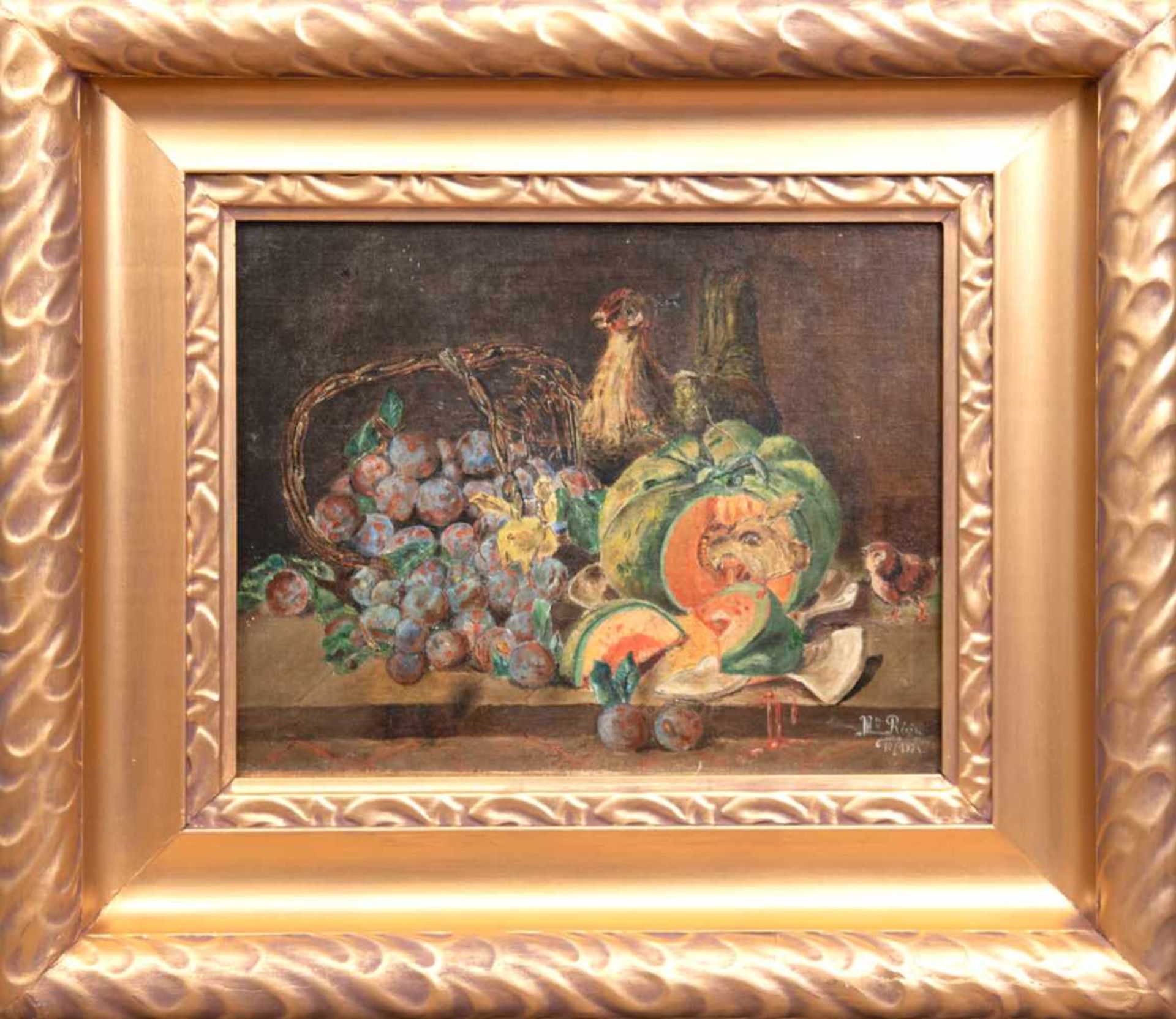 Régis, M. "Früchtestilleben", Öl/Lw., sign. u. dat. 1924 u.r., 38x49 cm, Prunkrahmen - Bild 2 aus 4