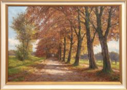 Landschaftsmaler "Herbstlicher Alleenweg", Öl/Karton, undeutl. sign. u.r., 66,5x98 cm,Rahmen