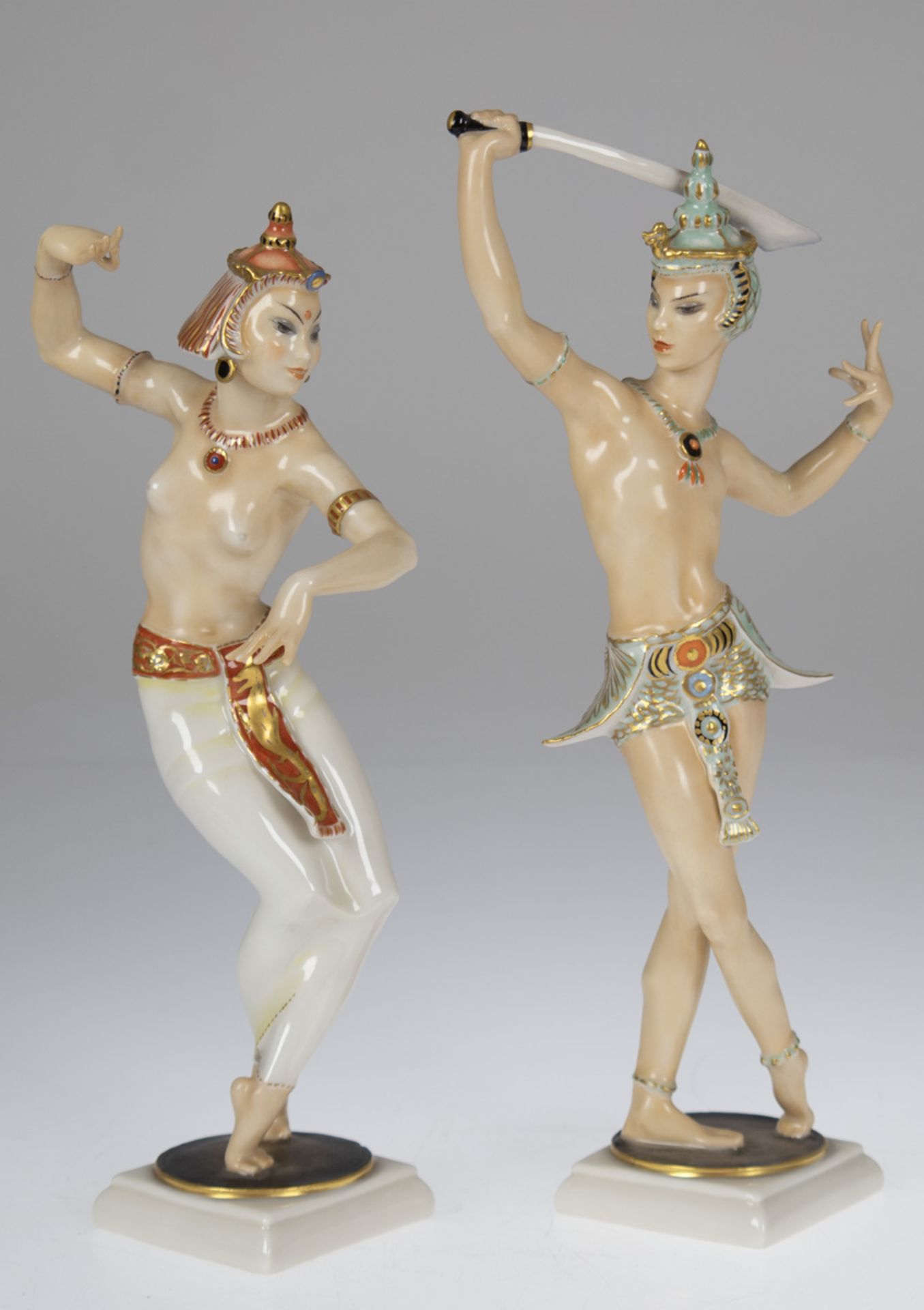 Art-Deco-Figuren "Schwerttänzer und Bajadere", Hutschenreuther, Porzellan, farbig und goldstaffiert,