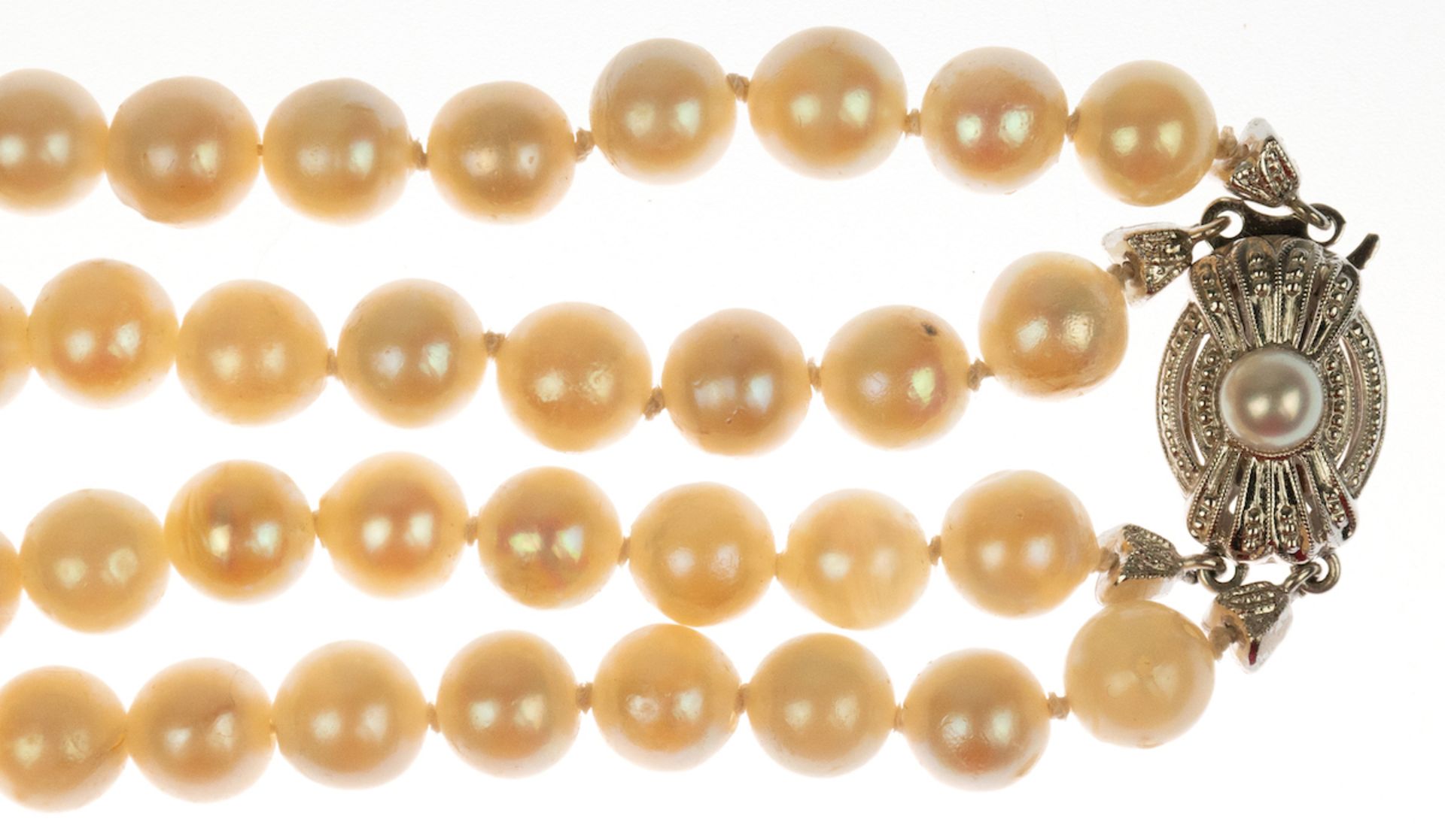 Perlencollier, 2-reihig, Perlen-Dm. 7 mm, mit 585er WG/GG-Schließe, geringeWachstumsmerkmale, hohe