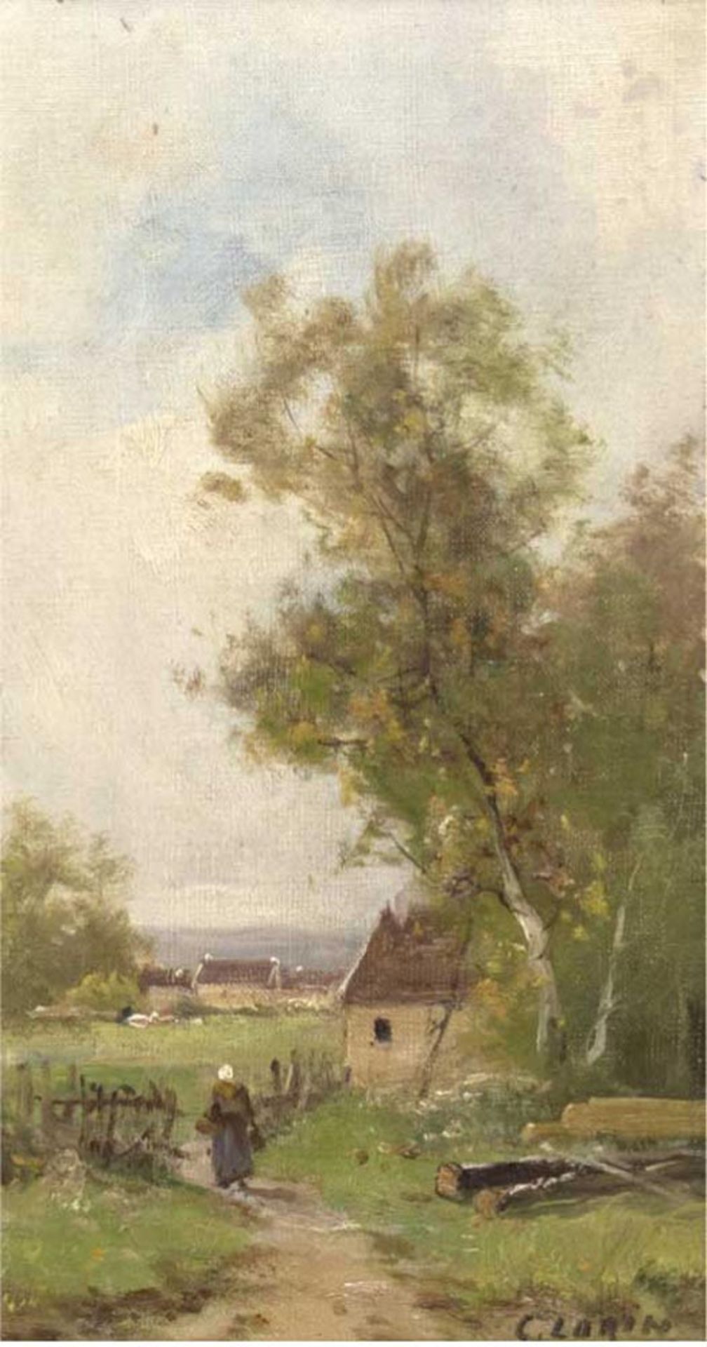 Lorin, C. (Frankreich 1815-1882) "Frau auf Landweg vor Gehöft", Öl/Lw., sign. u.r., 41x22cm, Rahmen
