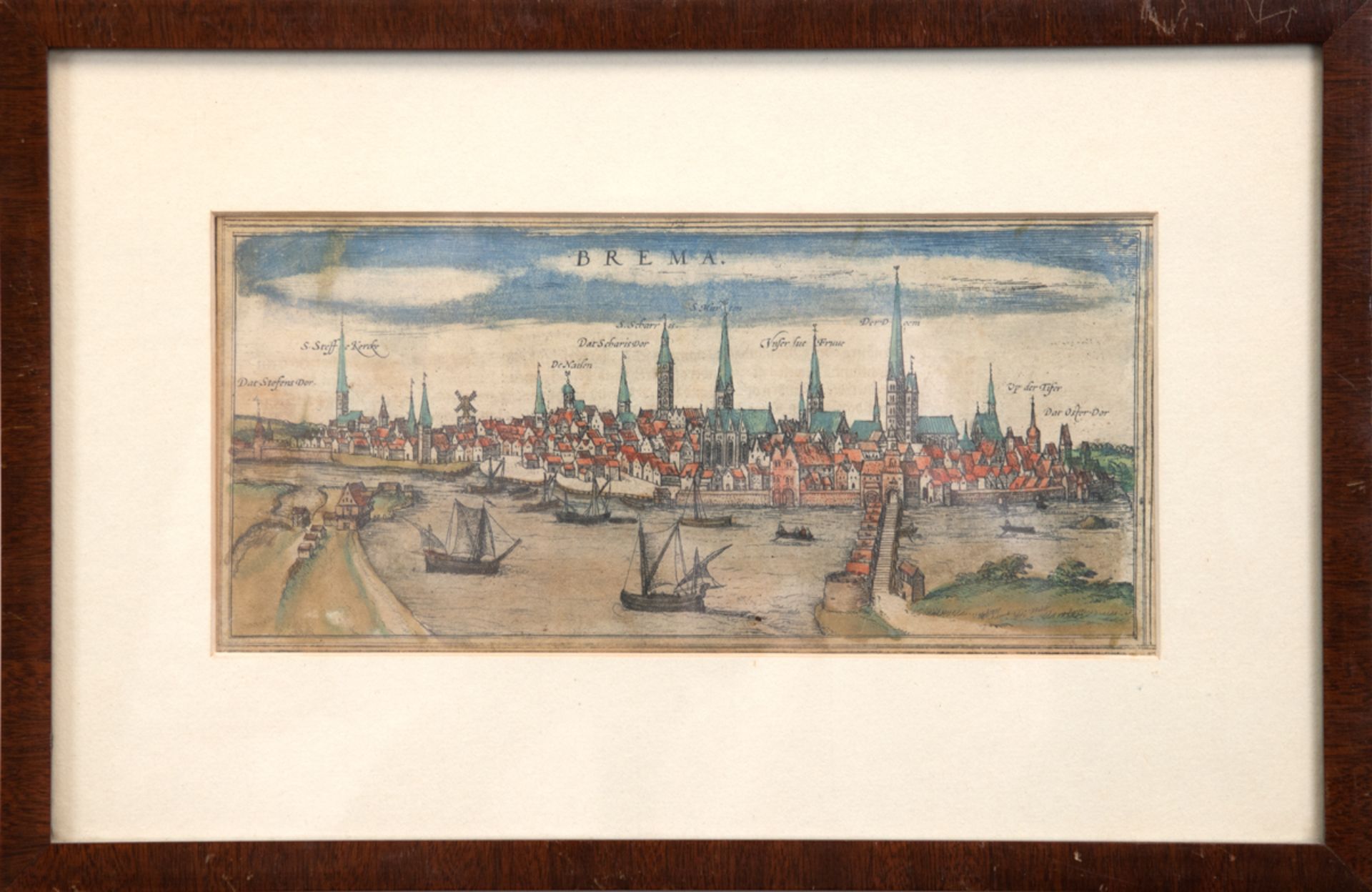 "Bremen", kolorierter Kupferstich, 11x23,5 cm, im Passepartout hinter Glas und Rahmen