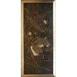 Japanisches Seidenstickbild "Fliegende Reiher", 132x56 cm, hinter Glas und Rahmen