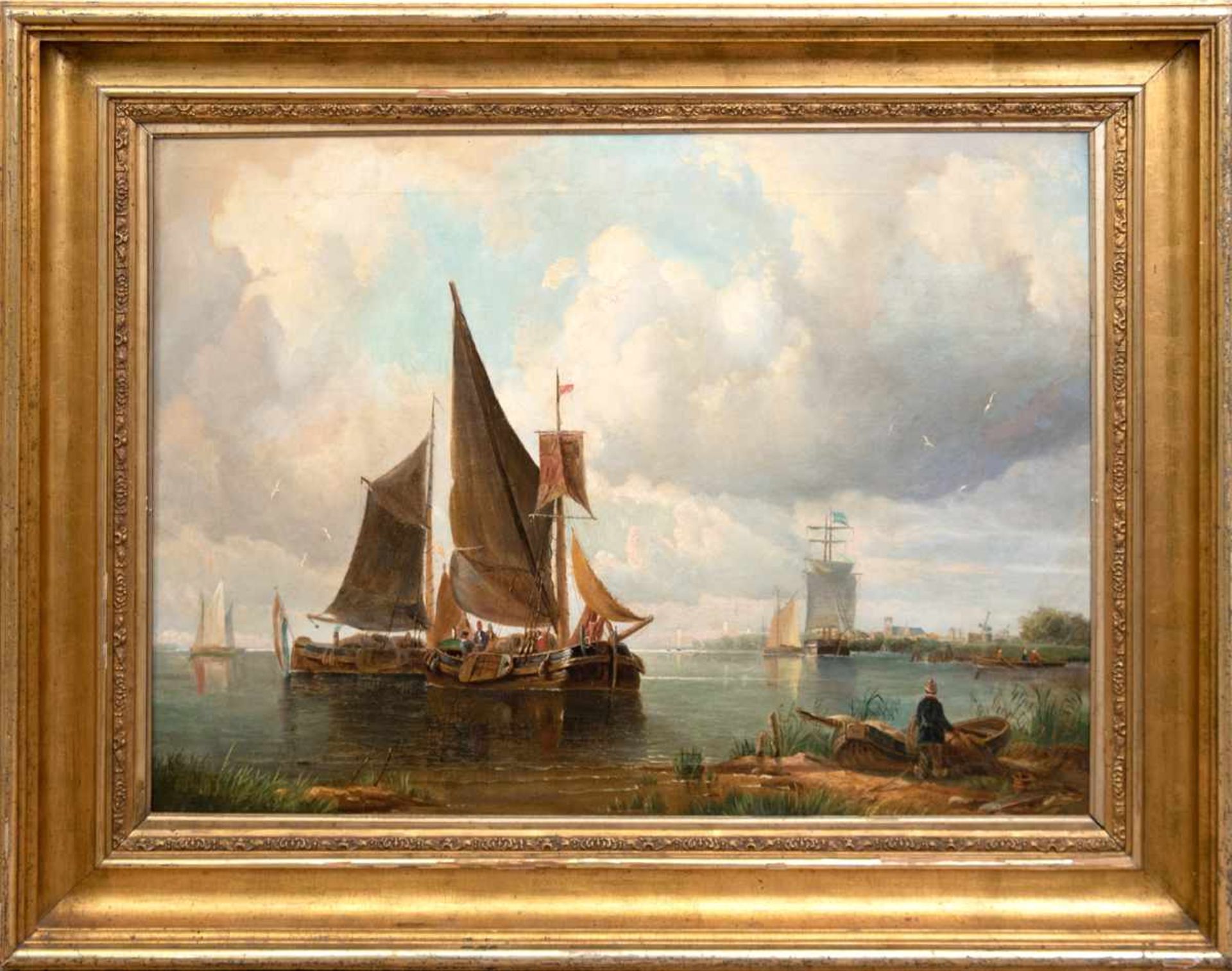 Maler (Holland 19. Jh.) "Holländische Küstenlandschaft mit Fischerbooten, Segelschiffenund - Image 2 of 3