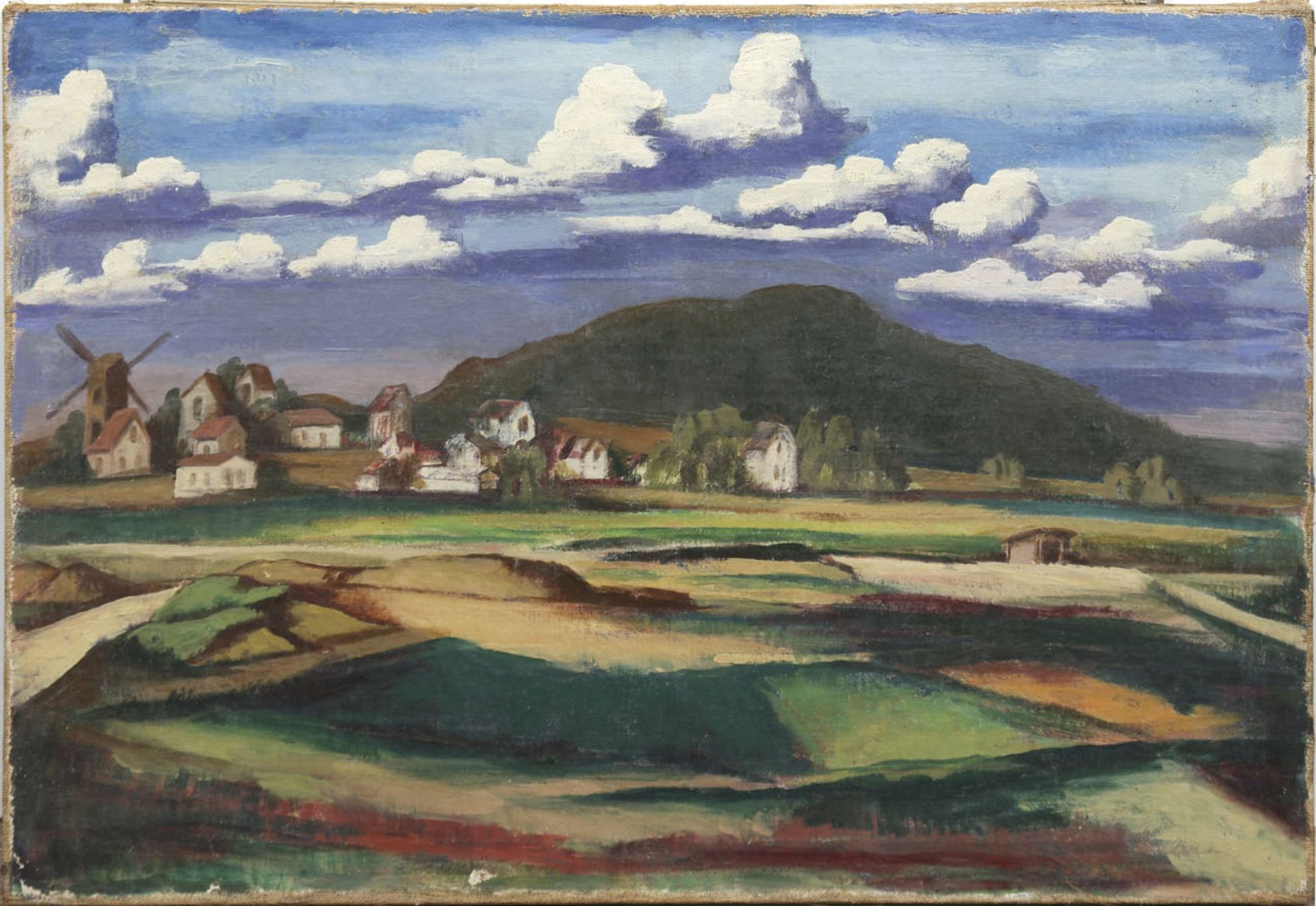 Expressionist (Deutschl. 19./20. Jh.) "Ostpreußische Dorflandschaft mit Windmühle", Öl