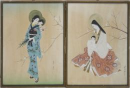 Japanischer Maler "Geisha mit Kind", 2x Seidenmalerei, sign., 41x34 cm, hinter Glas imRahmen