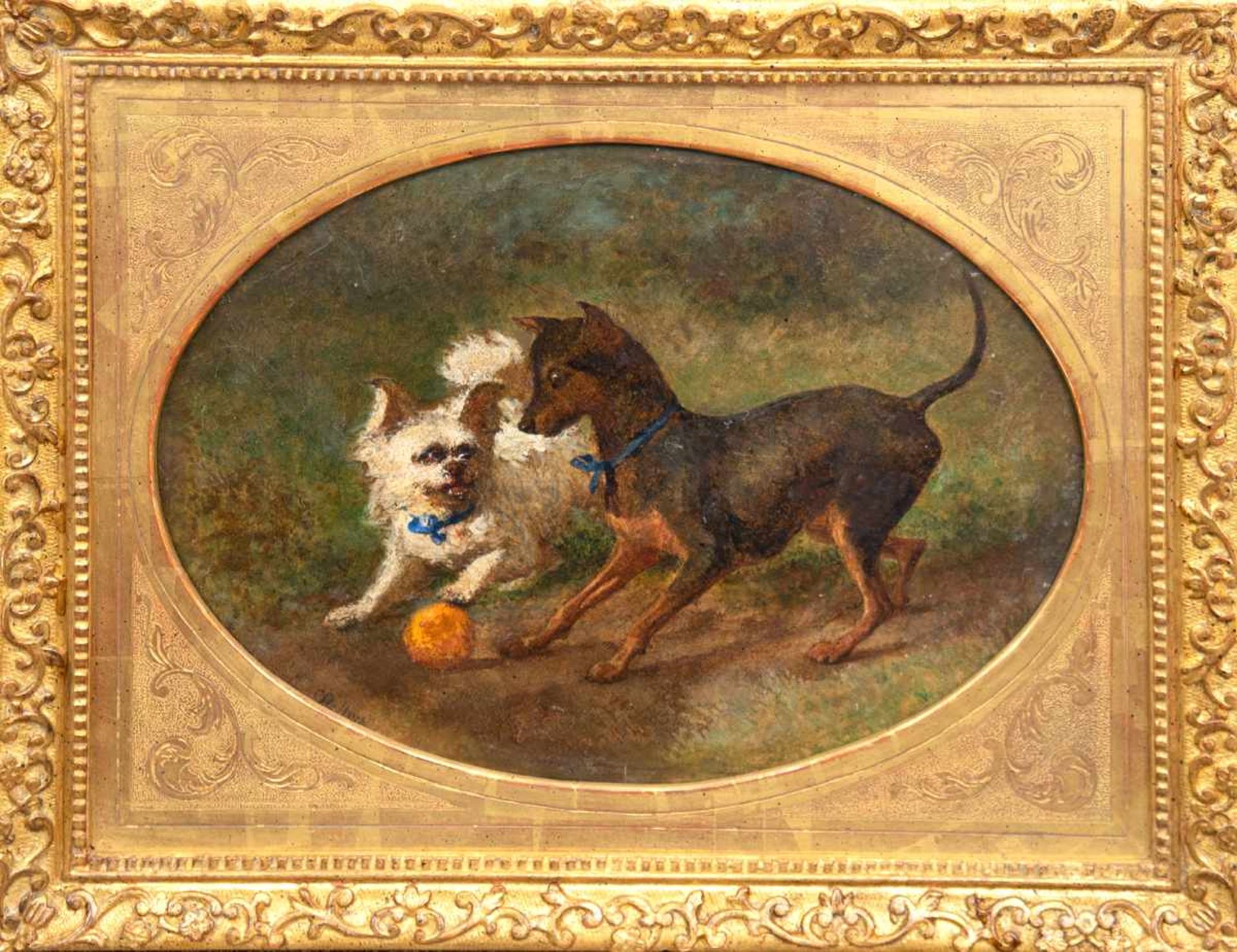Steffeck, Carl Constantin (1818 Berlin- 1890 Königsberg) " Zwei mit Ball spielende Hunde",Öl/Hf.,