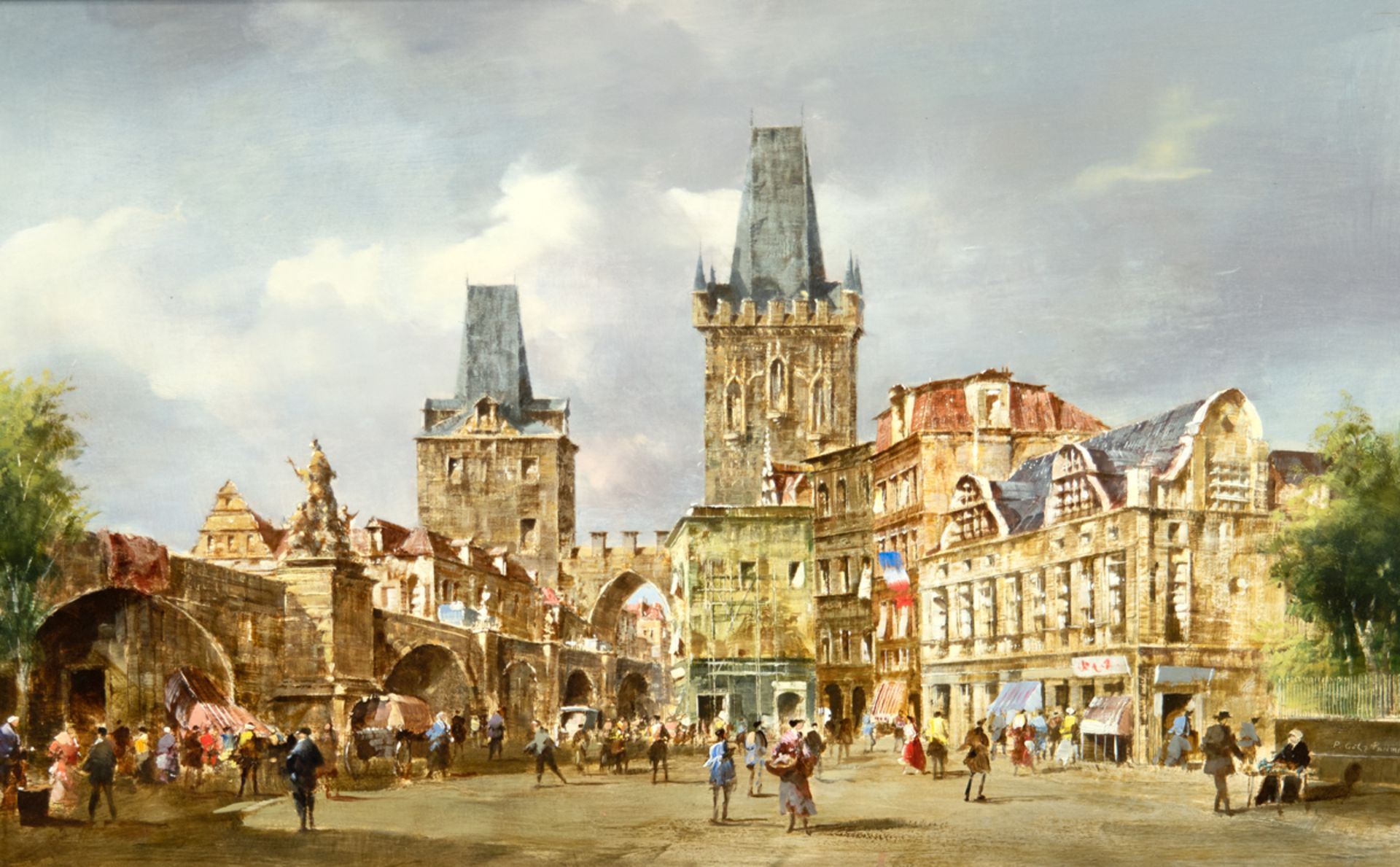 Pallmann, Peter Götz (1908 Berlin-1966 ebenda) "Ansicht von Prag mit belebterKarlsbrücke", Öl/Hf.,