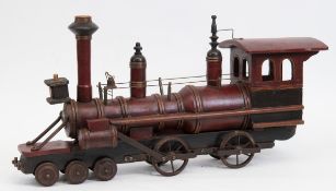 Eisenbahn-Modell "Dampflokomotive", Holz/Eisen, farbig gefasst, Räder u. Gestänge z.T. ausEisen,