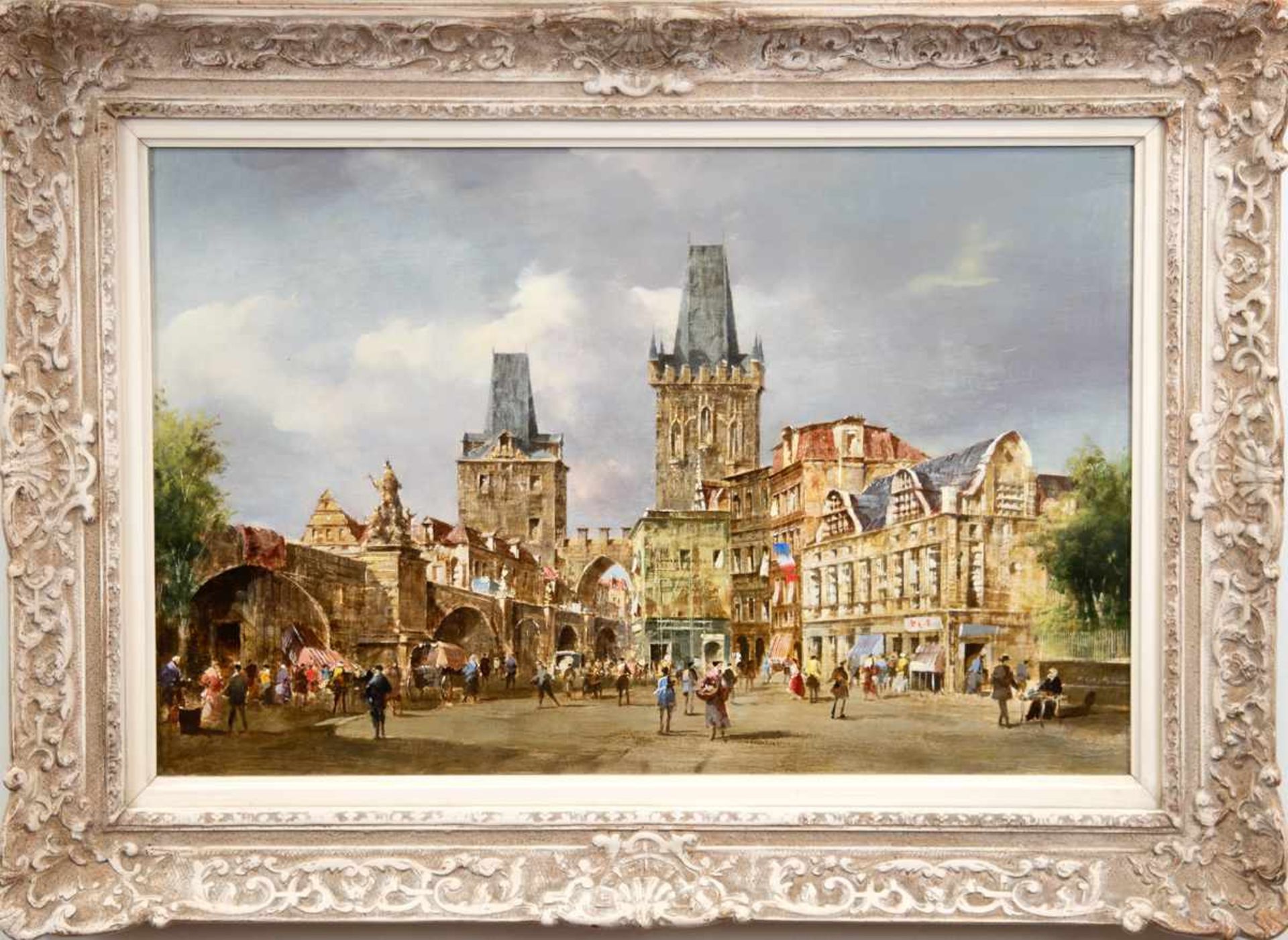 Pallmann, Peter Götz (1908 Berlin-1966 ebenda) "Ansicht von Prag mit belebterKarlsbrücke", Öl/Hf., - Bild 2 aus 3