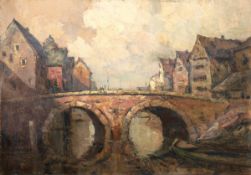 Priebe, Rudolf (1889 Schulakowa-1964 Hamburg) "Stadtbrücke", Öl/Hartfaser, sign. u.r.,59x80 cm