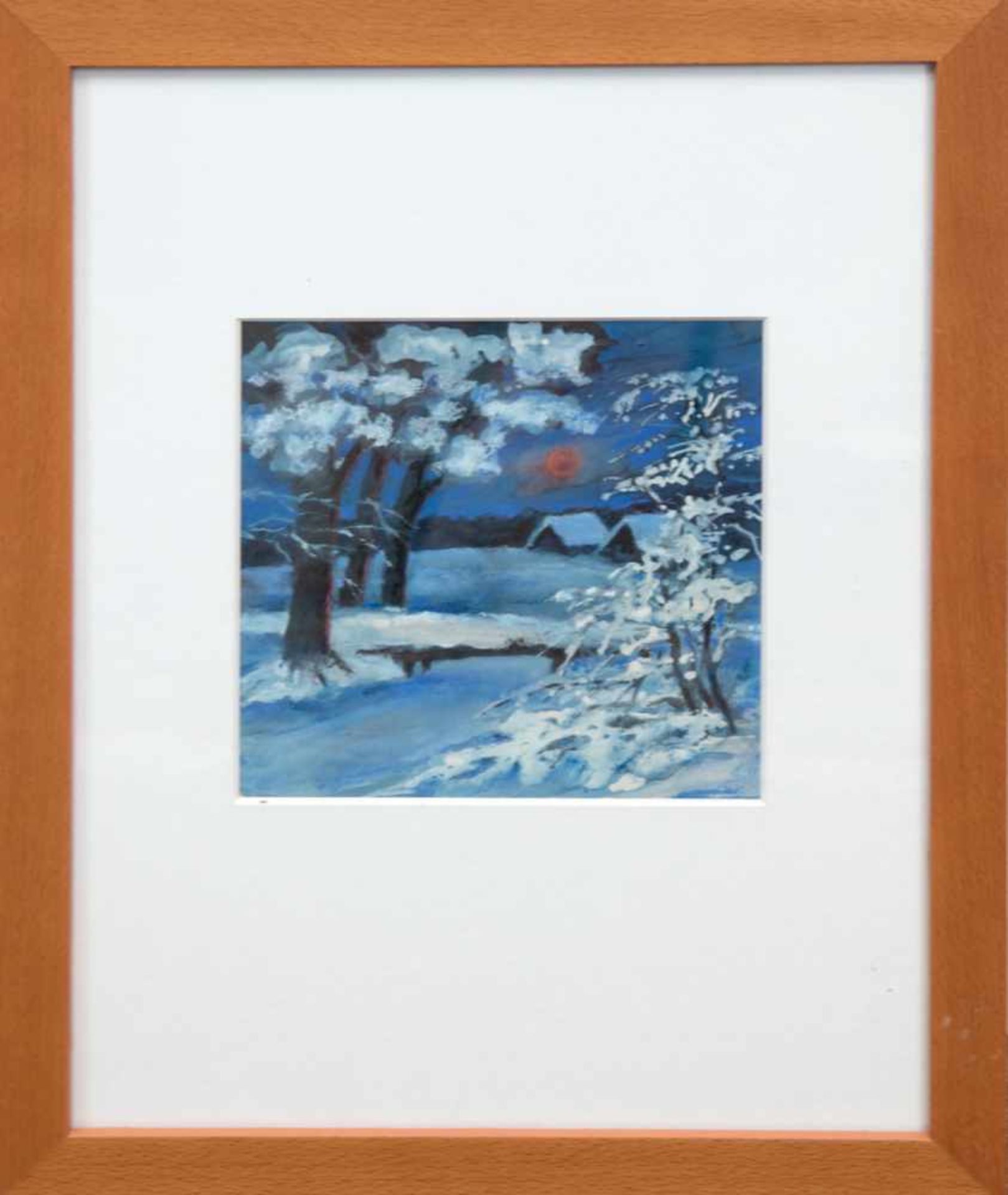 "Winterlandschaft in der Abendsonne", Mischtechnik, unsign., 18x18 cm, im Passepartouthinter Glas - Bild 2 aus 3