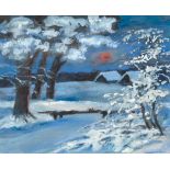"Winterlandschaft in der Abendsonne", Mischtechnik, unsign., 18x18 cm, im Passepartouthinter Glas
