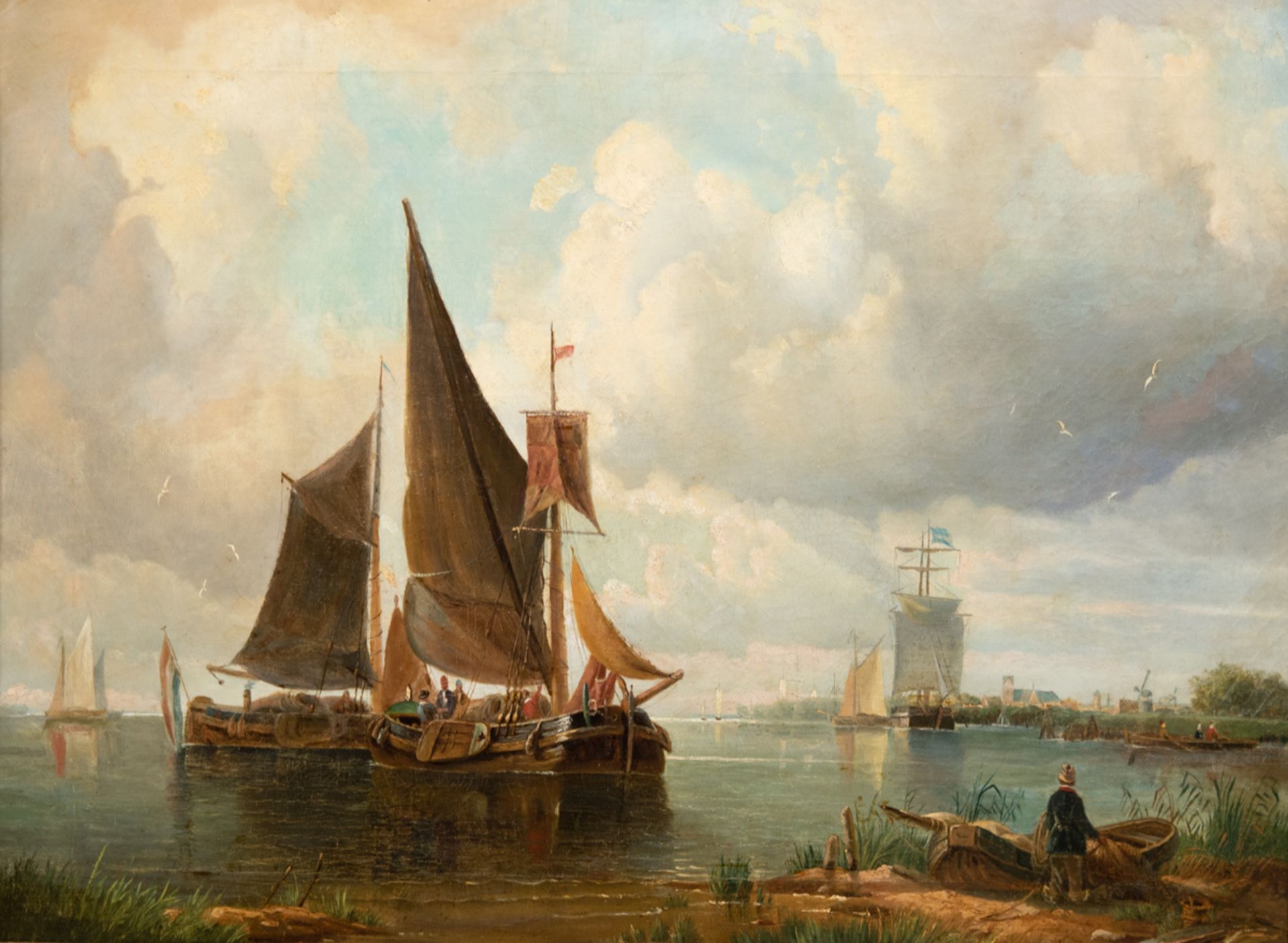 Maler (Holland 19. Jh.) "Holländische Küstenlandschaft mit Fischerbooten, Segelschiffenund
