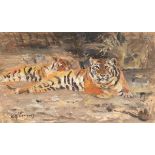 Lorenz, Willi (1901 Köln-1981 ebenda) "Zwei ruhende Tiger", Öl/Papier, sign. u.l., 20x31cm, hinter