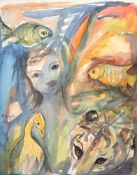 Regehr, M. (20. Jh.) "Junge Frau umgeben von Wasser- und Wildtieren", Aquarell, sign. m.l.Regehr, M.