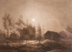 Friedrich, Ludwig (1827-1919) "Vollmond über romantischer Flußlandschaft mit Holzhütte",