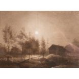 Friedrich, Ludwig (1827-1919) "Vollmond über romantischer Flußlandschaft mit Holzhütte",