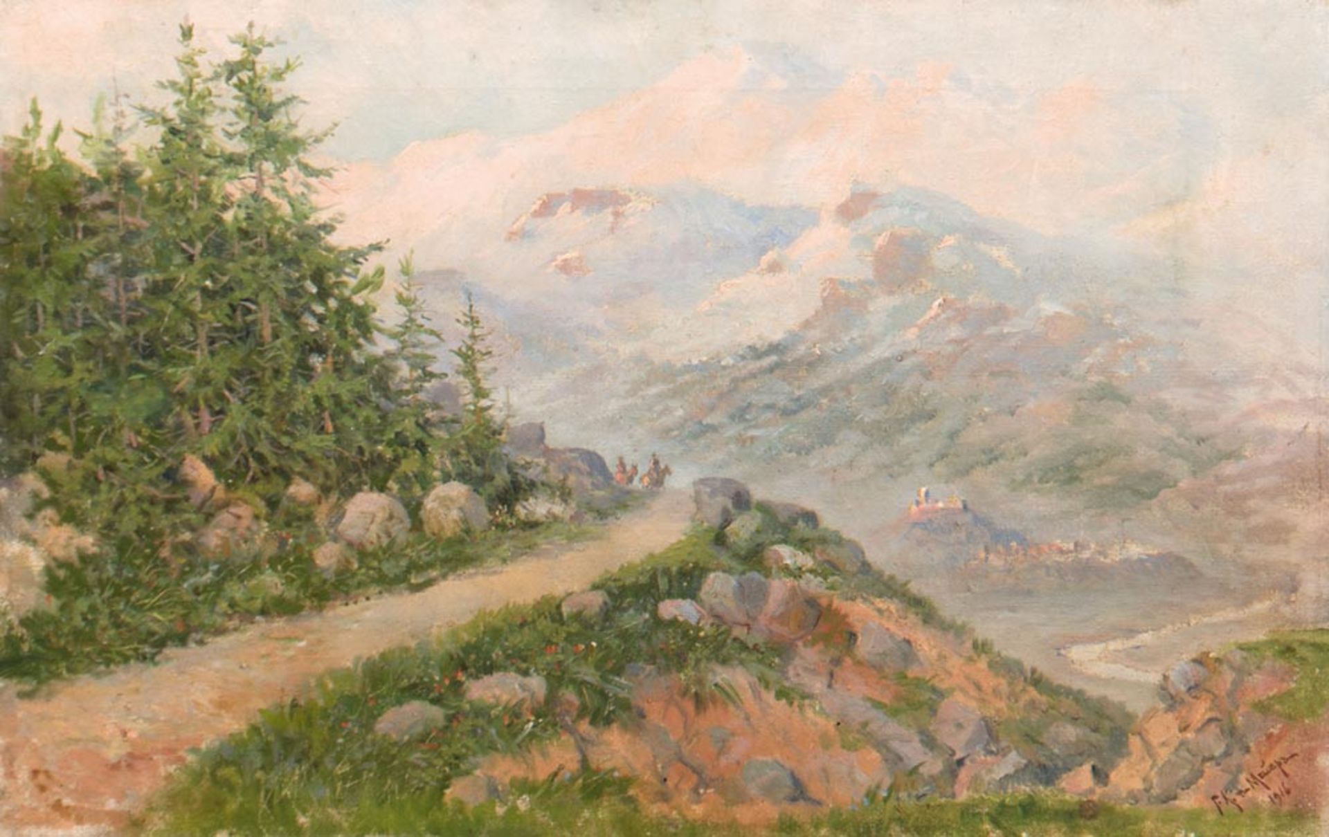 Landschaftsmaler um 1900 "Reiterpaar in bergiger Landschaft", Öl/Lw., verso 3xHinterlegungen,