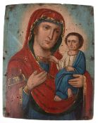 Ikone "Maria mit Kind", 19. Jh., Öl/Holz, inaktiver Anobienbefall, 23x18 cm