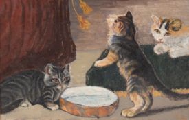 Adam, J. "Spielende Katzen", Öl/H., monogr. u.r., 28x39 cm, Rahmen