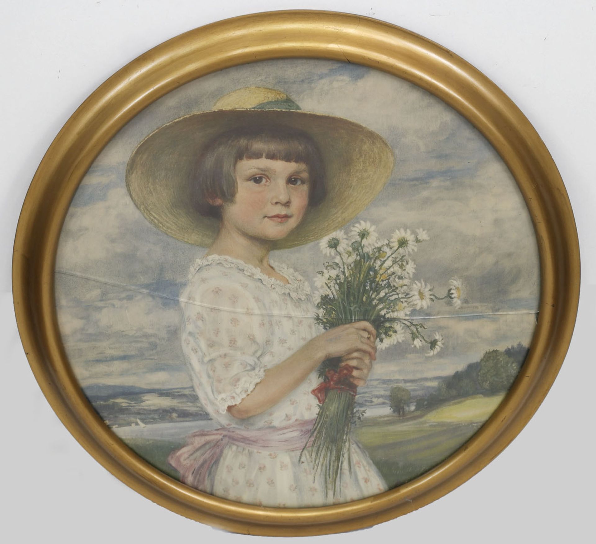 "Halbporträt eines Mädchen mit Margeritenstrauß", Druck, unsign., 60x60 cm, runder