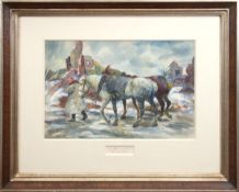 Wolf, Georg (1882 Düsseldorf-1962 Uelzen) "Soldat mit seinen Pferden im Winter",Aquarell/Papier,