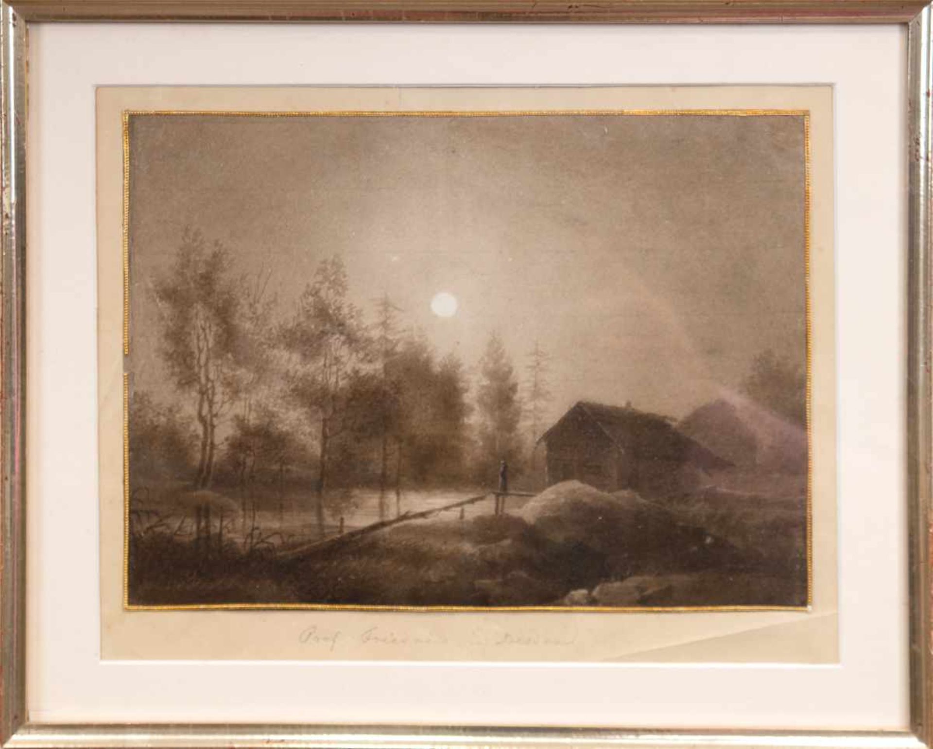 Friedrich, Ludwig (1827-1919) "Vollmond über romantischer Flußlandschaft mit Holzhütte", - Bild 2 aus 4