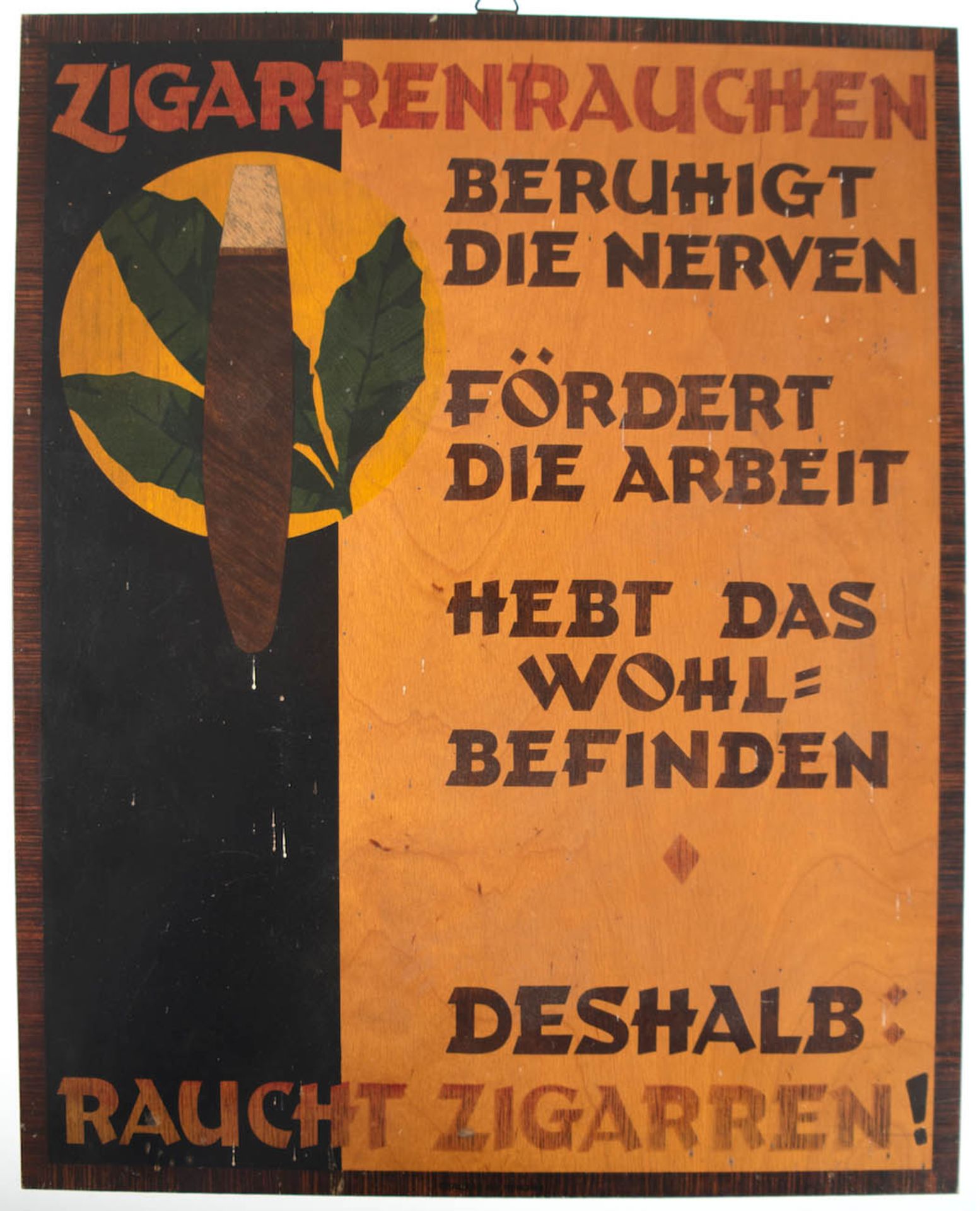 Werbeschild für Zigarren, 1920er Jahre, Sperrholz bedruckt, 40x33 cm