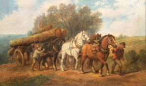 Melville, Harden Sidney (1824-1894) "Fünfspänniges Pferdefuhrwerk beim Holztransport",Öl/Lw.,