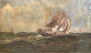 Marinemaler um 1900 "Segelschiff in abendlicher, stürmischer See", Öl/Mp. unsign. 32,5x54cm