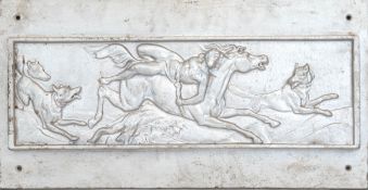 Reliefbild, um 1900, Eisenguß, reliefierte Jagdszene mit Reiter und Wölfen, 70x35 cm
