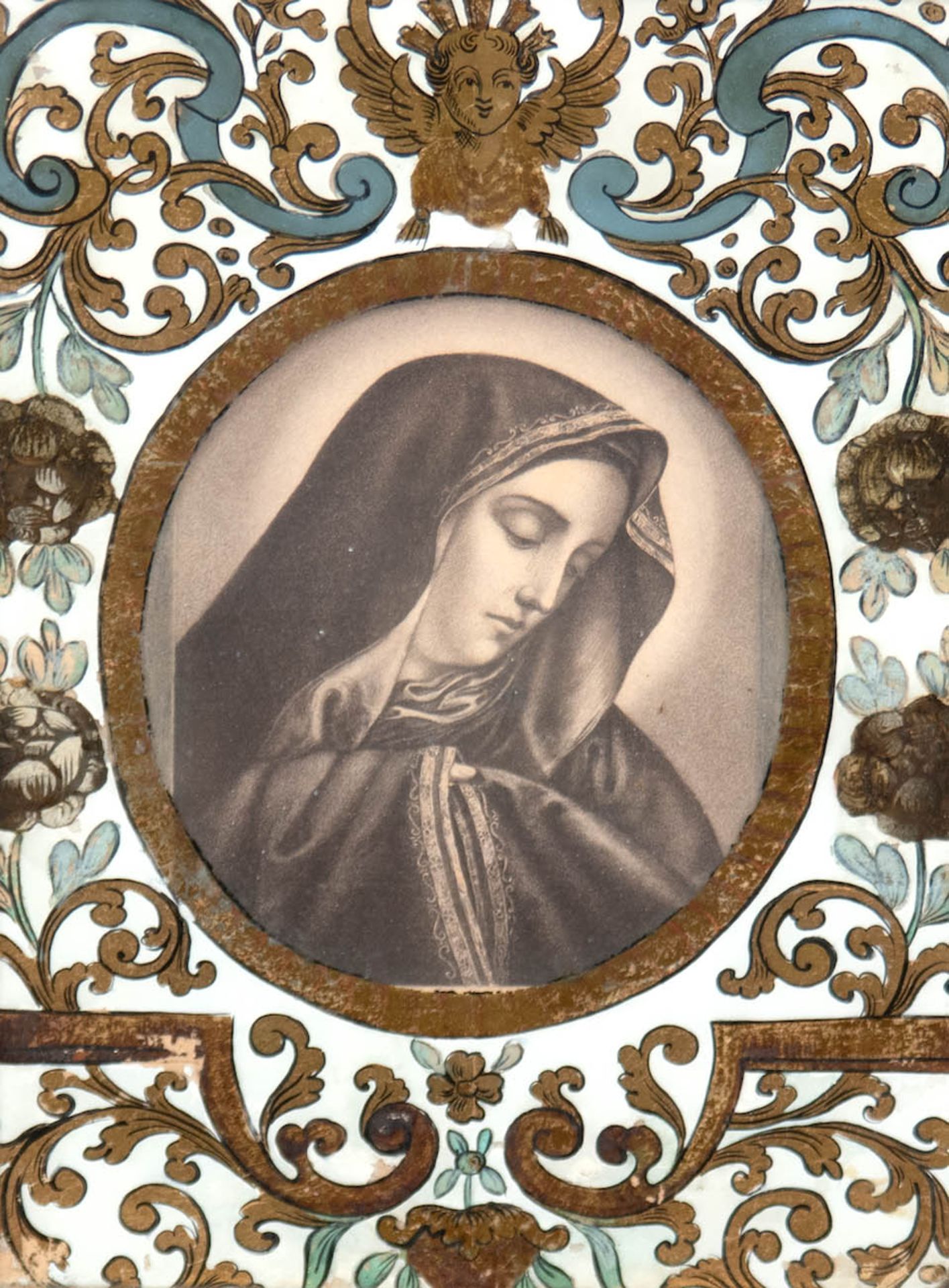 Hinterglasbild mit Goldstaffage als Rahmung mit ovalem Ausschnitt, 19. Jh., darin Grafik"Madonna",
