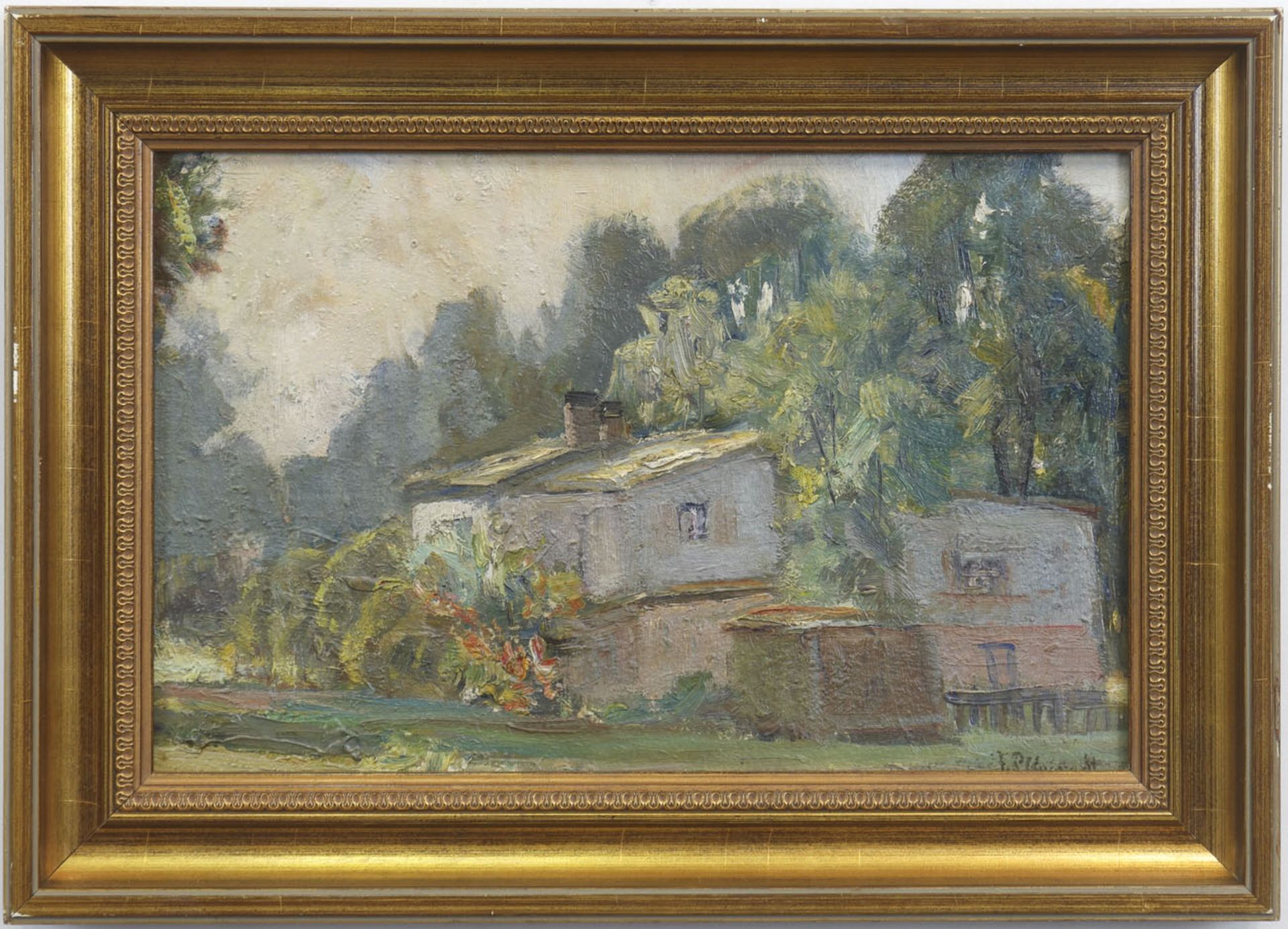 Pflugradt, Franz (1861 Peenwerder/Demmin-1946 Zingst) "Haus am Waldrand", Öl/Mp., sign.u.r., 20x30