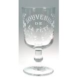 Französisches Souvenirglas, mundgeblasen, farblos mit Schriftzug "Souvenir de la Féte"