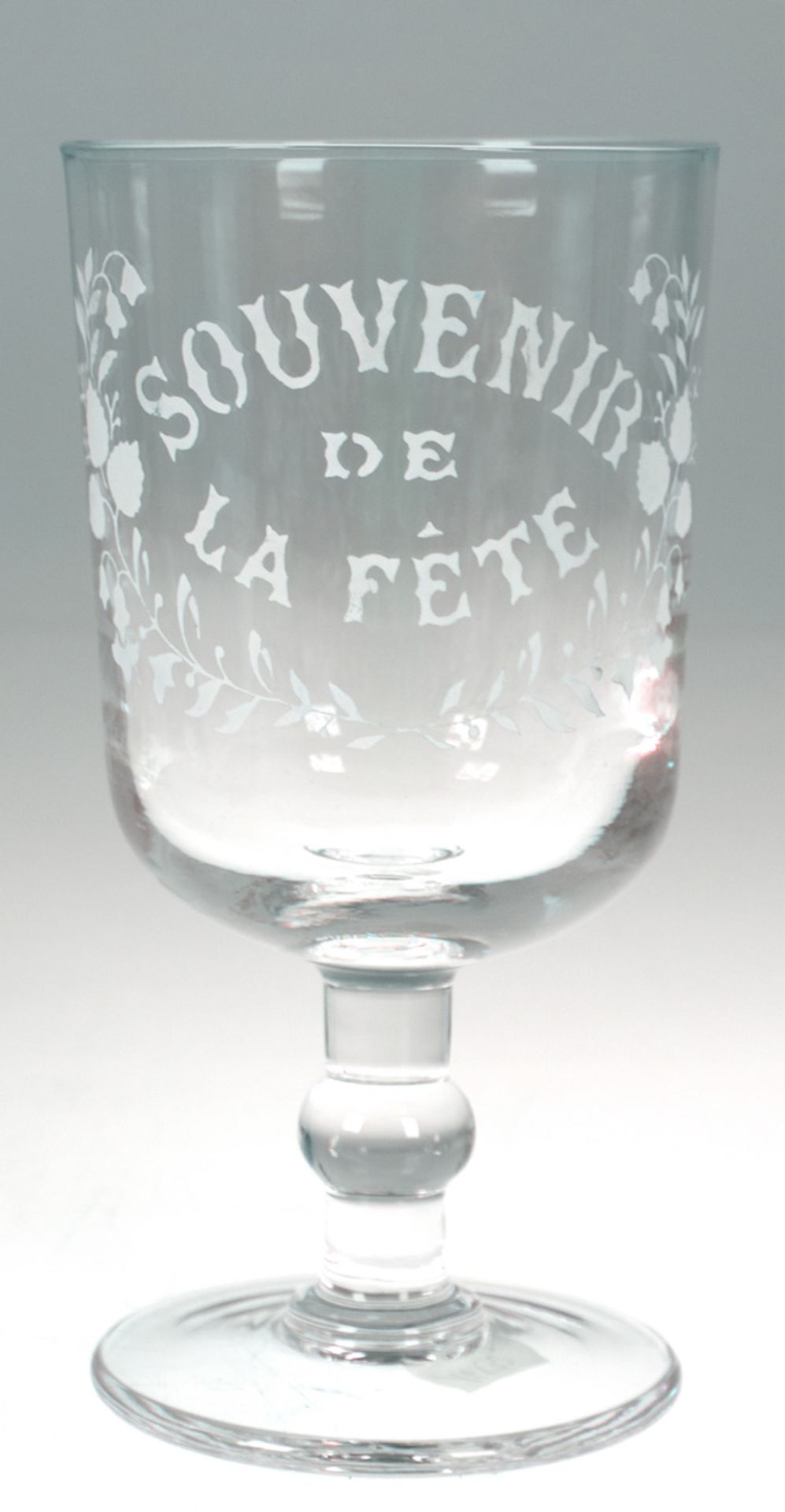 Französisches Souvenirglas, mundgeblasen, farblos mit Schriftzug "Souvenir de la Féte"