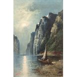 Brystorp, Olav (1842-1904) "Fjordlandschaft im Mondschein", Öl/Lw., sign. u.l., 73x47,5cm, Rahmen