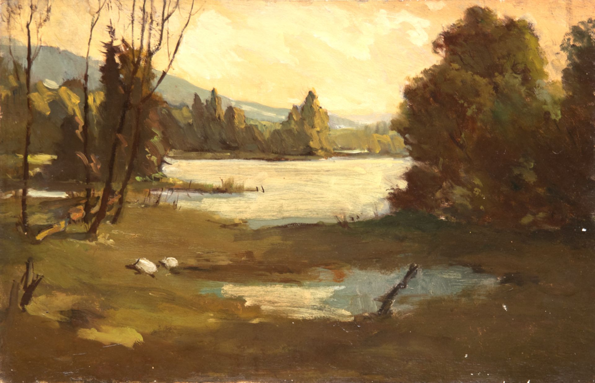 Landschaftsmaler um 1920 "Flußlandschaft", Öl/Mp., unsign., 40x60 cm