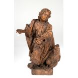"Heiliger Johannes mit Buch und Adler", Holz, geschnitzt, rückseitig gerissen,Gebrauchspuren, H.