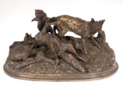 Méne, Pierre-Jules (1810 Paris-1879 Paris) "Spielende Fuchsfamilie", Bronze, patiniert,sign. u. dat.