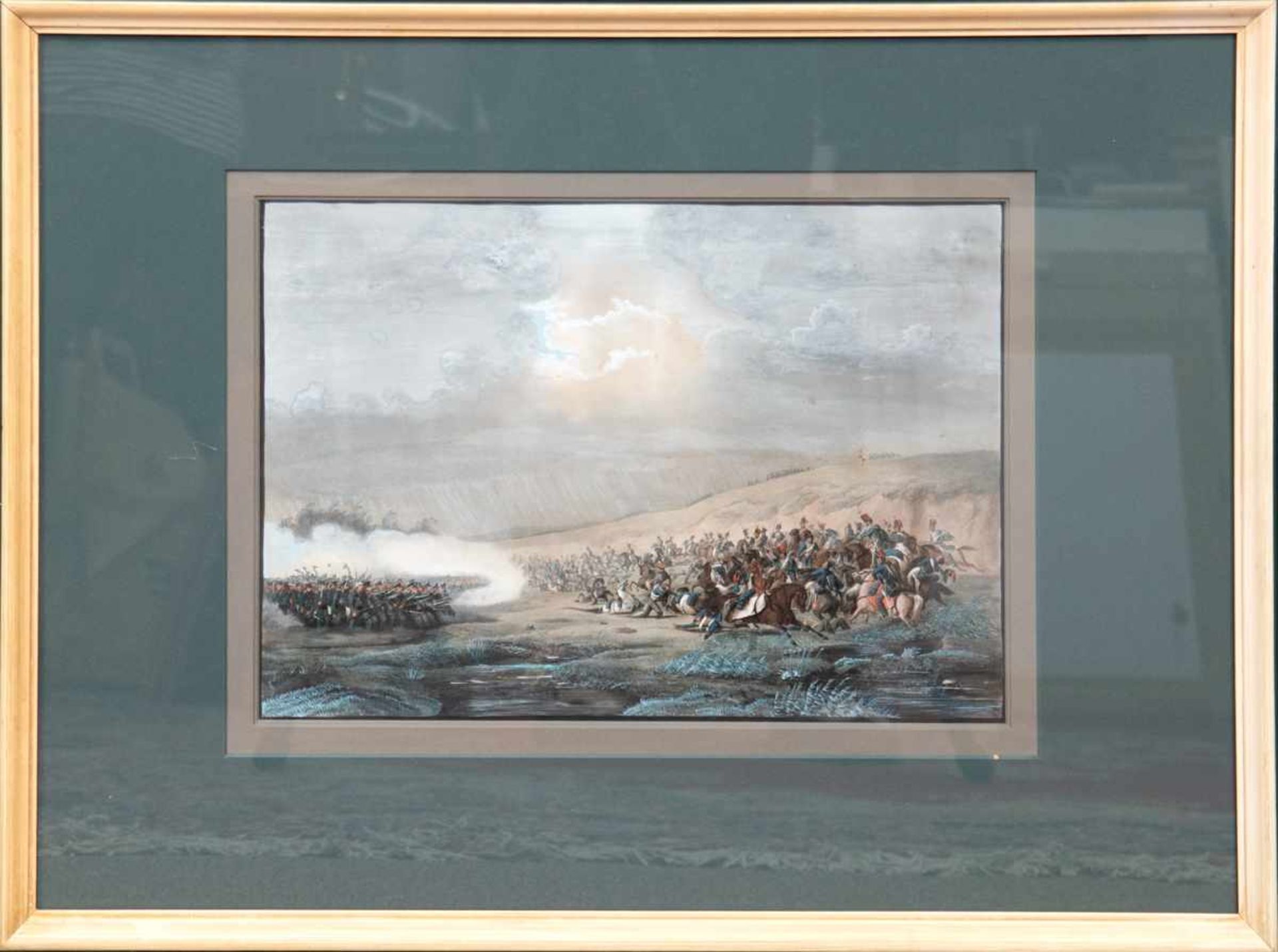 "Schlachtenszene", Lithografie aquarelliert, verso. undeutlich bez. und dat. 24. April1848, 27x37 - Bild 2 aus 4