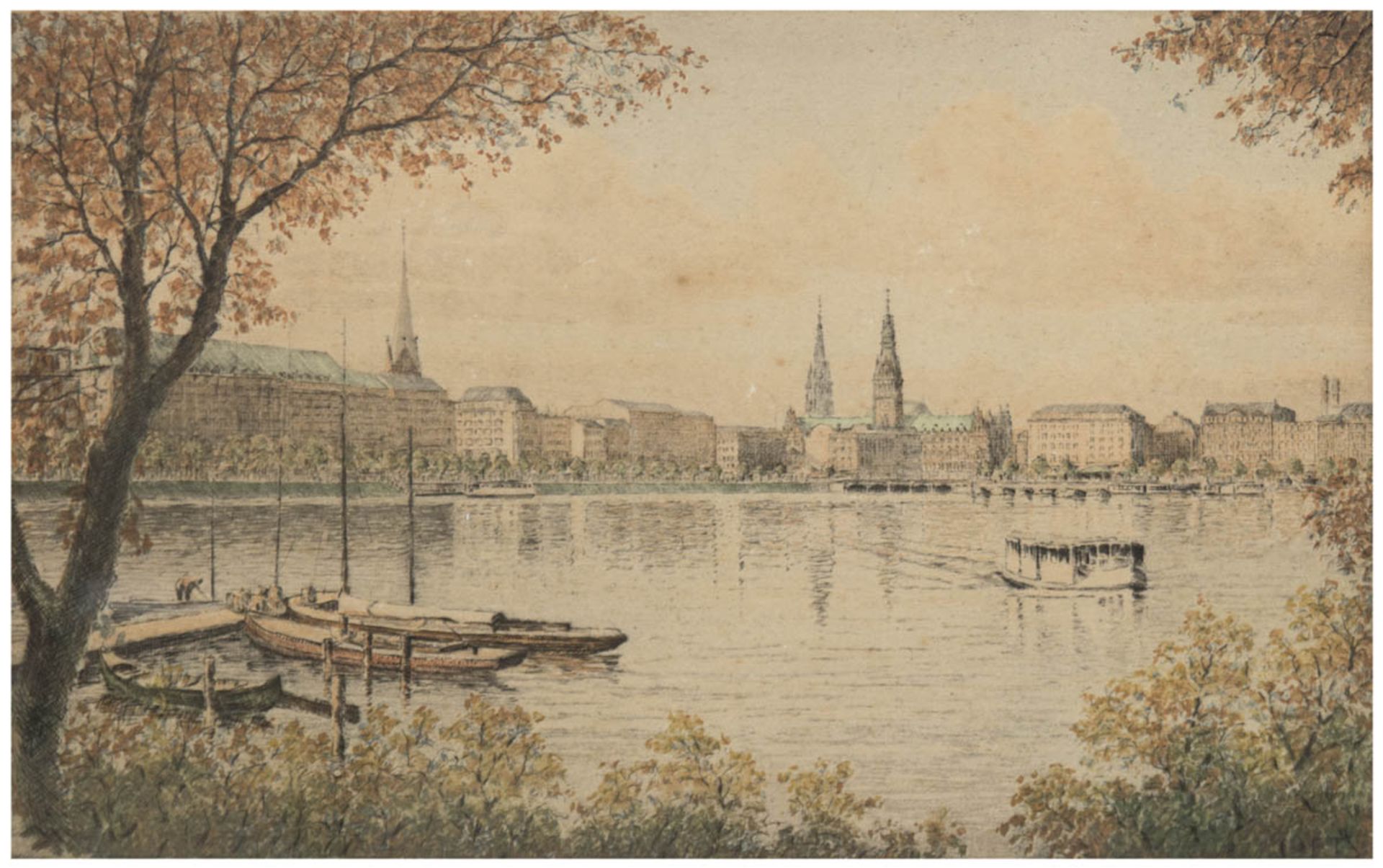 Traulsen, Friedrich (1887 Flensburg-1979 Witzave) "Hamburg-Sommer auf der Alster",Farblitho, sign.