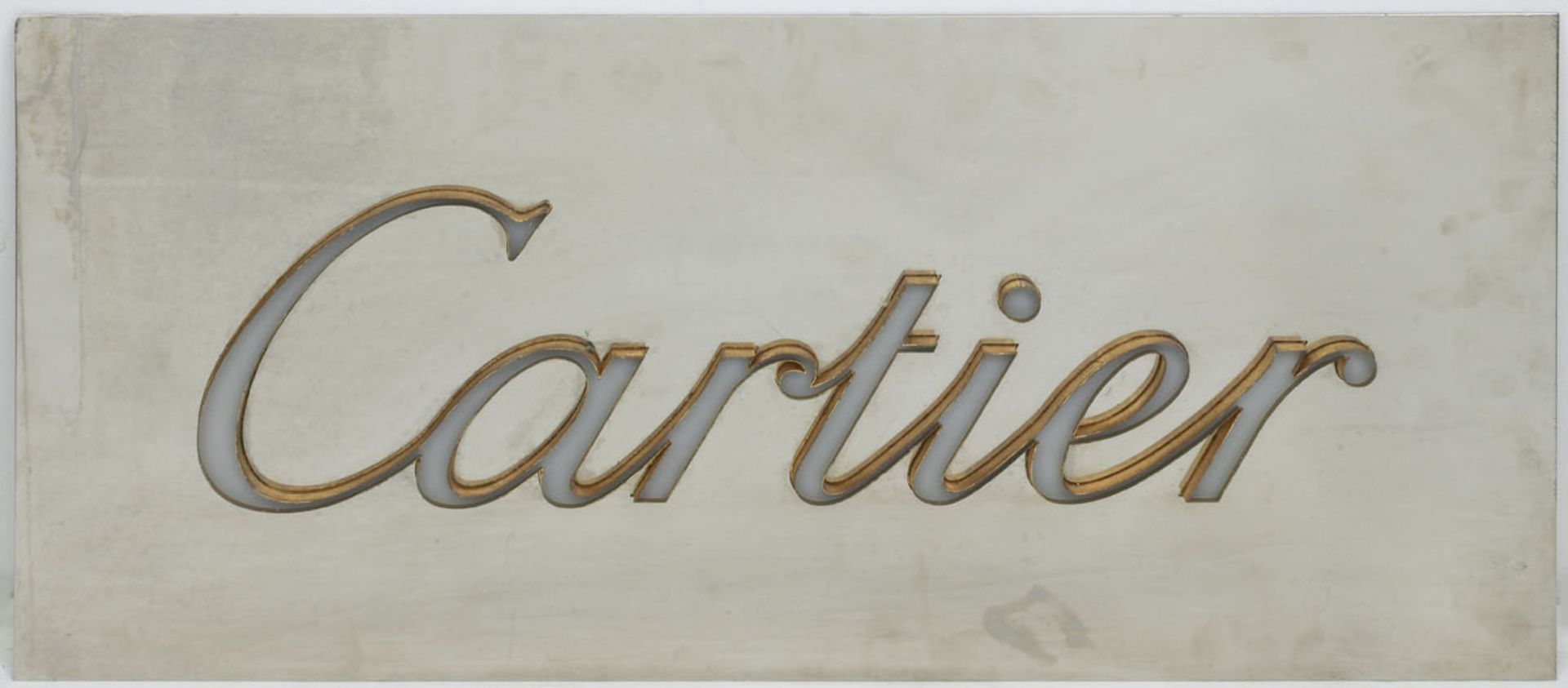 Großes Werbeschild "Catier", aus einem Juweliernachlaß, verchromtes Blech mit erhabenerSchrift mit